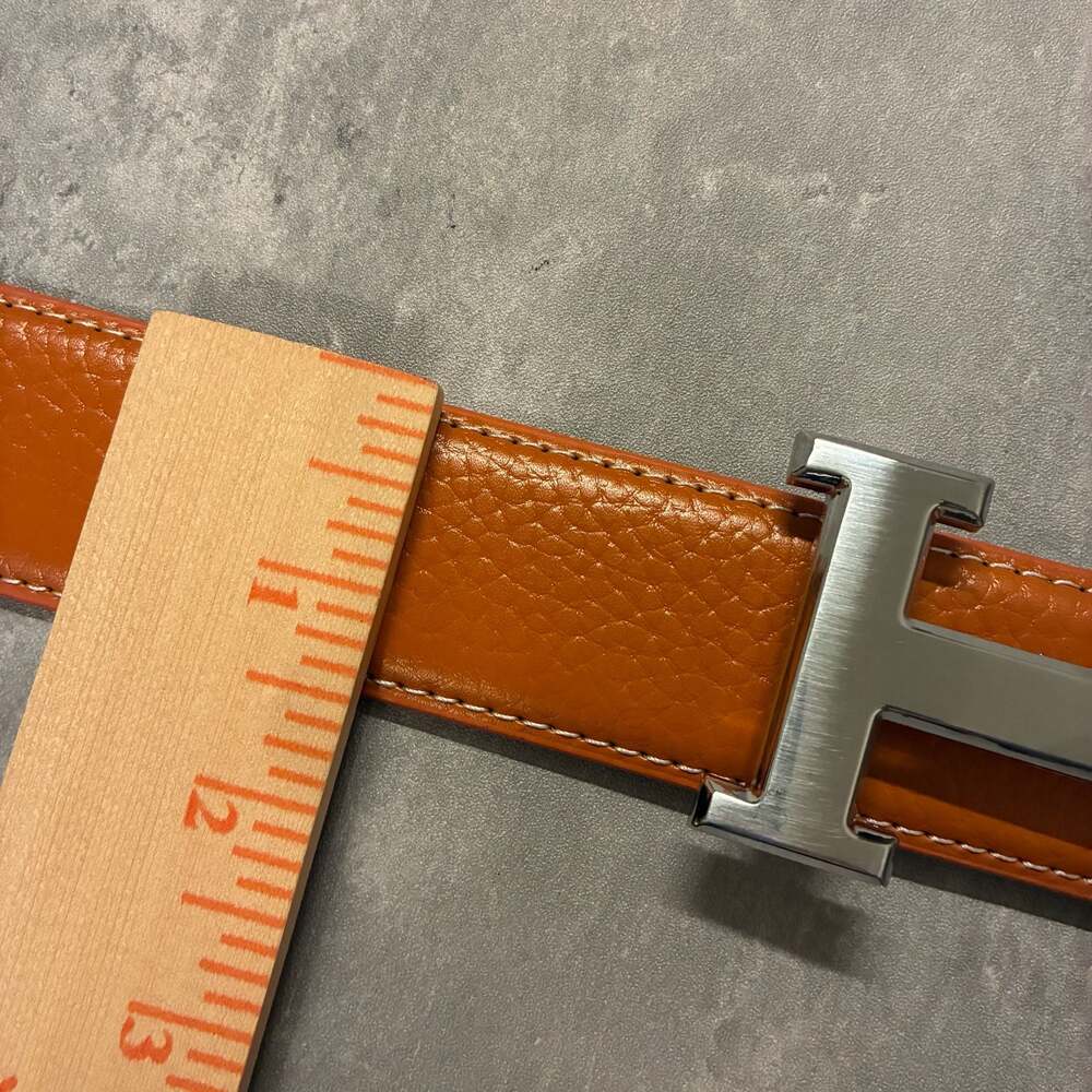 Luxury Orange Leather Belt with Silver H Buckle for Men - Picture 4 of 4